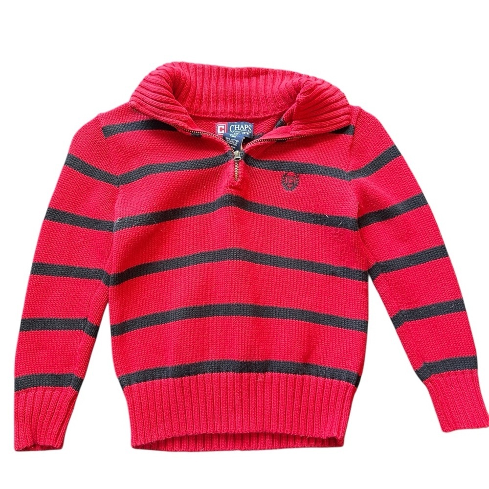 Chaps Boy Red Stripe Quarter Zip Pullover Sweater 100% Cotton Size 4 Preppy Y2K